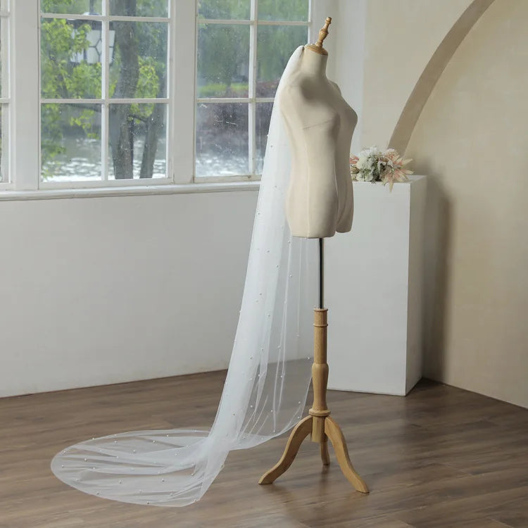 Real Photos Vintage One Layer Pearls Tulle 2M Bridal Veil Wedding Accessories Wedding Veils