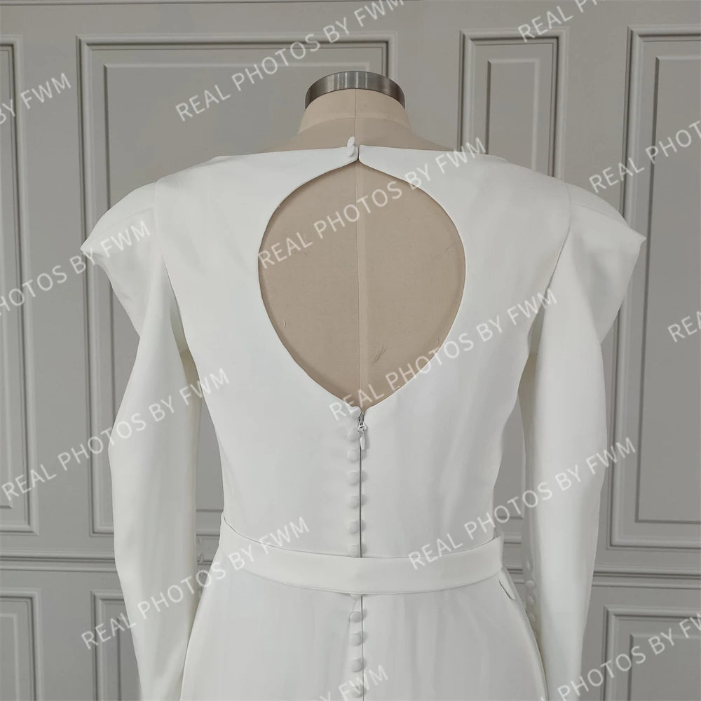 Real Photos High Quality Full Sleeves Square Collar Mermaid Satin Wedding Dress With Belt Sweep Train Bride Gown for Women