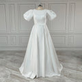 100% Real Photos Elegant Short Puffy Sleeves O-Neck Satin A-line Wedding Dress With Pockets Sweep Train Bride Gown for Women