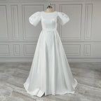 100% Real Photos Elegant Short Puffy Sleeves O-Neck Satin A-line Wedding Dress With Pockets Sweep Train Bride Gown for Women