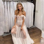 11395#Real Photos Off-Shoulder Sweetheart Open Corset Back A-Line Tulle Floor Length Lace Wedding Dress Wedding Bridal Gown