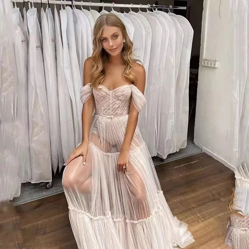 11395#Real Photos Off-Shoulder Sweetheart Open Corset Back A-Line Tulle Floor Length Lace Wedding Dress Wedding Bridal Gown