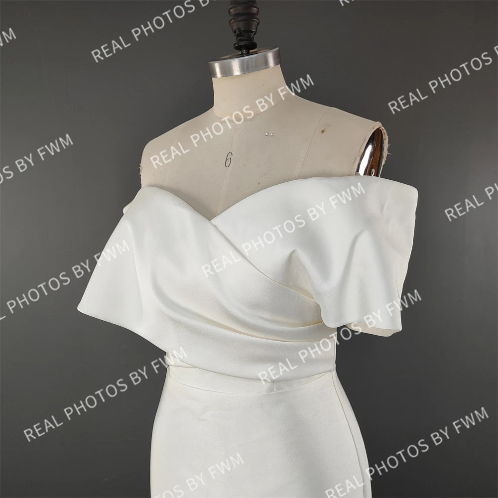 10139# Real Photos High Quality Off Shoulder V Neck Mikado Mermaid Wedding Dress for Women Bride Gown With Detachable Train