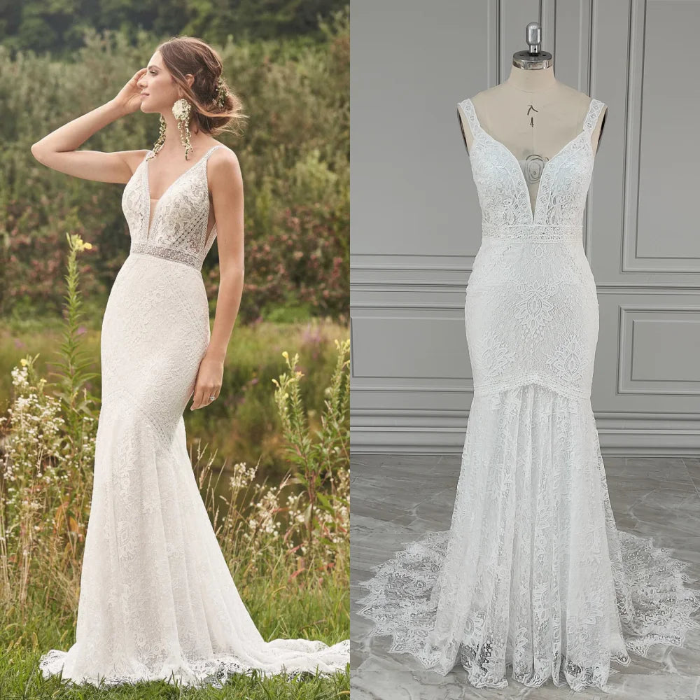 12590# Real Photos V Neck Backless Mermaid Wedding Dress Sleeveless Boho Romatics Lace Bridal Gown for Beach Lawn Wedding