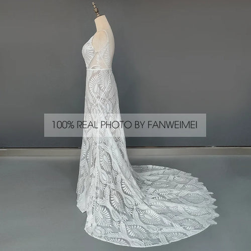 10864#Real Photos Spaghetti Straps Sleeveless V-Neck Open Back Sweep Train Lace Bohemian Boho Wedding Dress Wedding Bridal Gown