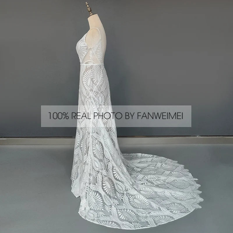 10864#Real Photos Spaghetti Straps Sleeveless V-Neck Open Back Sweep Train Lace Bohemian Boho Wedding Dress Wedding Bridal Gown