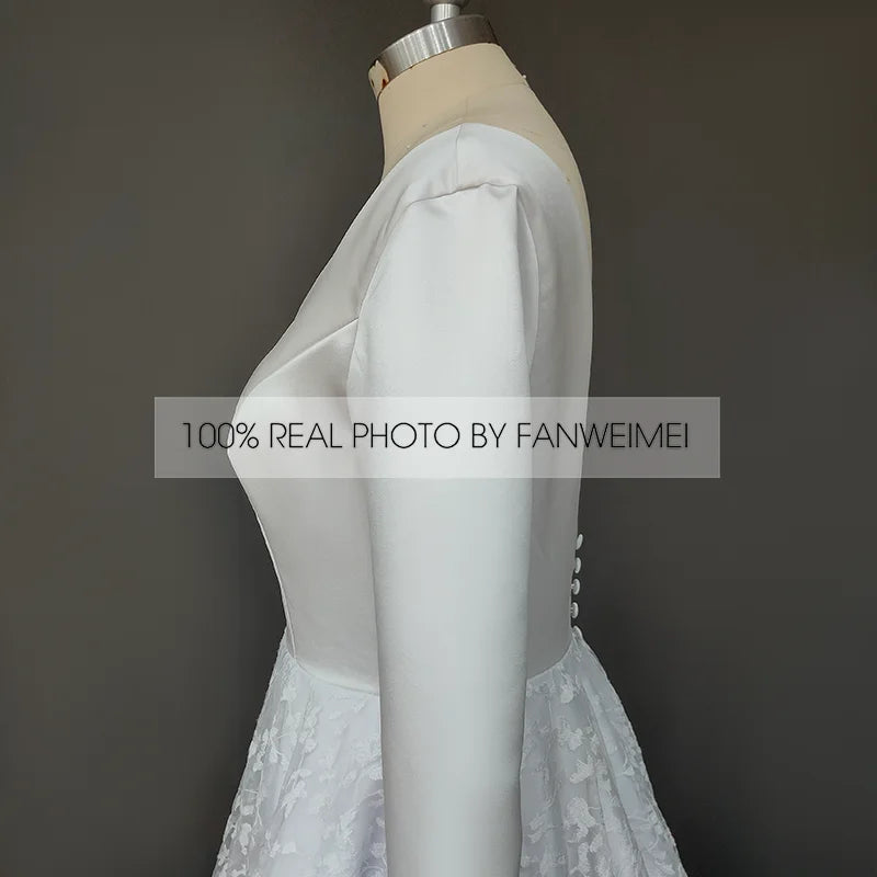 Real Photos Elegant Full Sleeves V-Neck A-line Satin Wedding Dress Appliques Lace Sweep Train Backless Bride Gown for Women