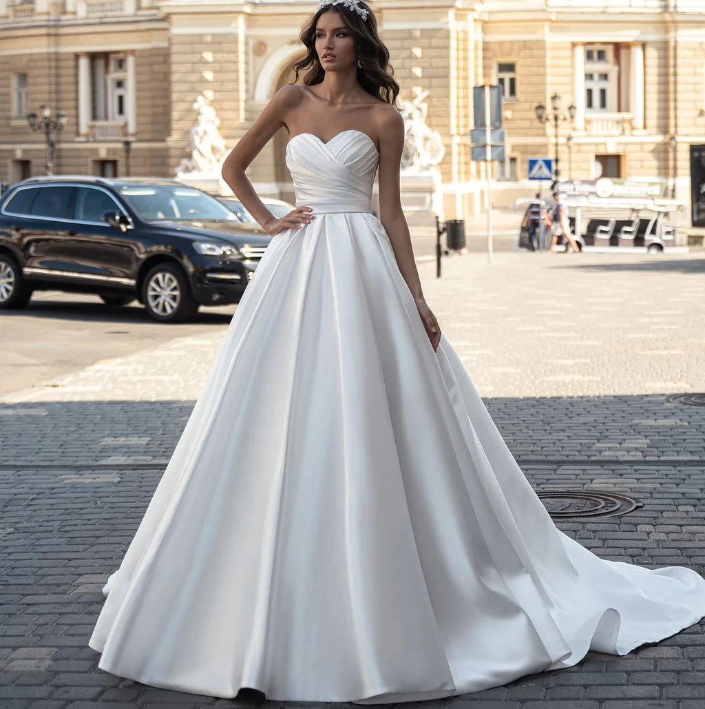 11507# Real Photos Simple Boho Strapless Pleat Satin A-line Wedding Dress for Women Sweep Train Bride Gown Vestido De Novia