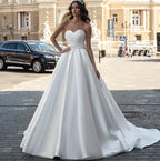 11507# Real Photos Simple Boho Strapless Pleat Satin A-line Wedding Dress for Women Sweep Train Bride Gown Vestido De Novia