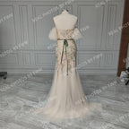 15205# Real Photos Off Shoulder Flowers Sweep Train Tulle Mermaid Wedding Gown Birthday Party Dress for Women Prom Evening Dress