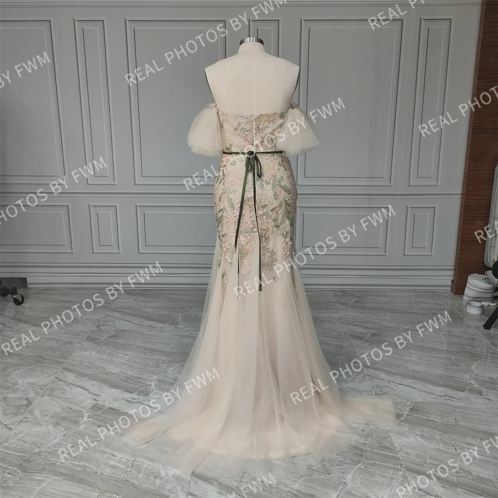 15205# Real Photos Off Shoulder Flowers Sweep Train Tulle Mermaid Wedding Gown Birthday Party Dress for Women Prom Evening Dress