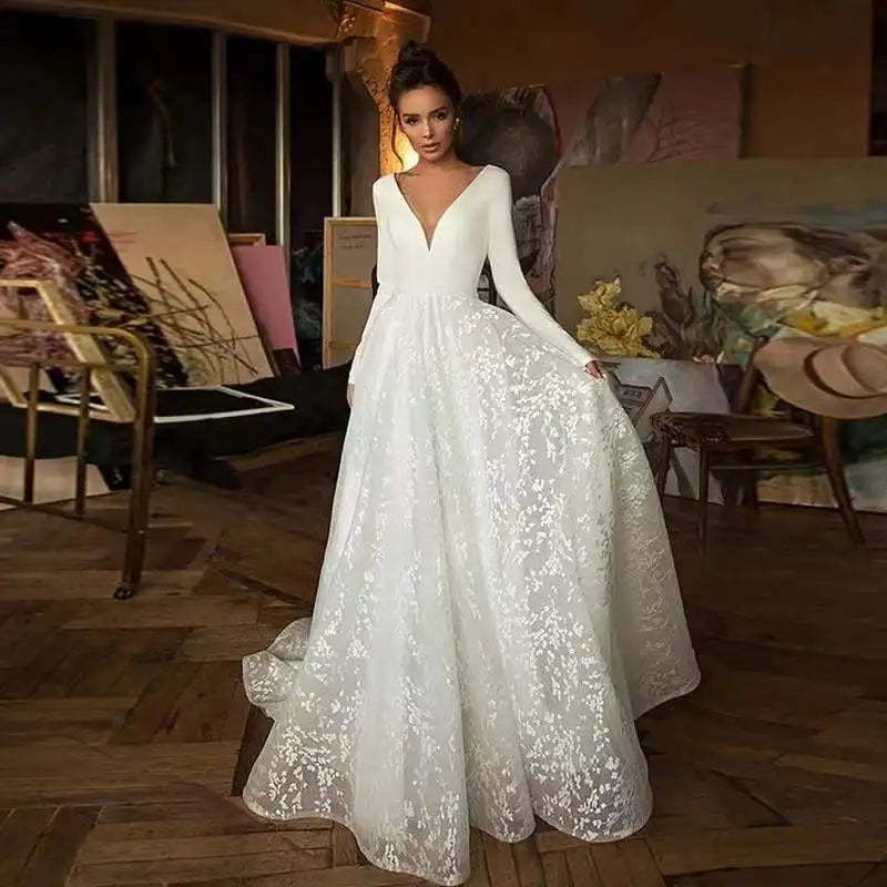 Real Photos Elegant Full Sleeves V-Neck A-line Satin Wedding Dress Appliques Lace Sweep Train Backless Bride Gown for Women