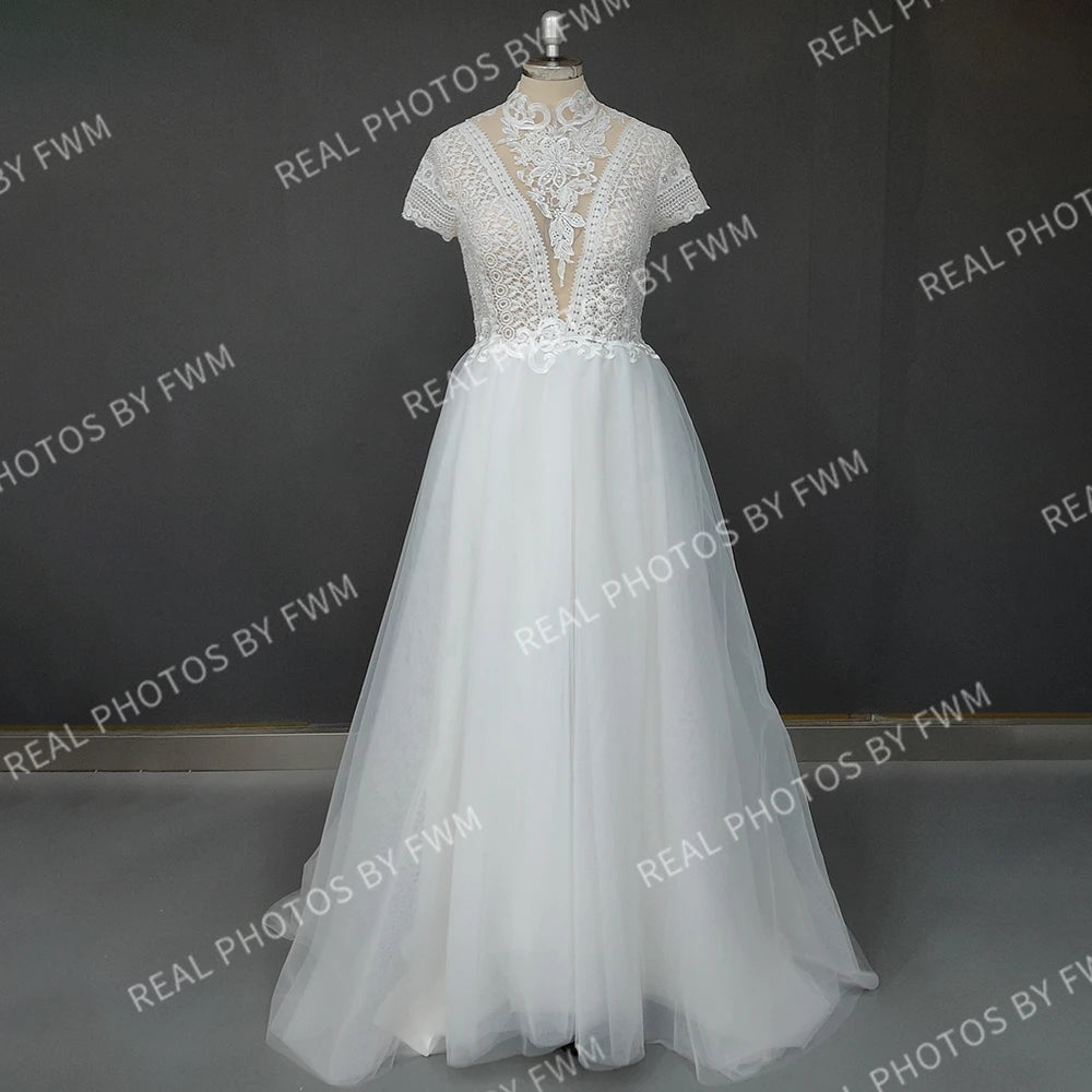 9696# Real Photos Boho Short Sleeves Backless A-line Tulle Wedding Dress Sweep Train Appliques Lace Bride Gown for Women