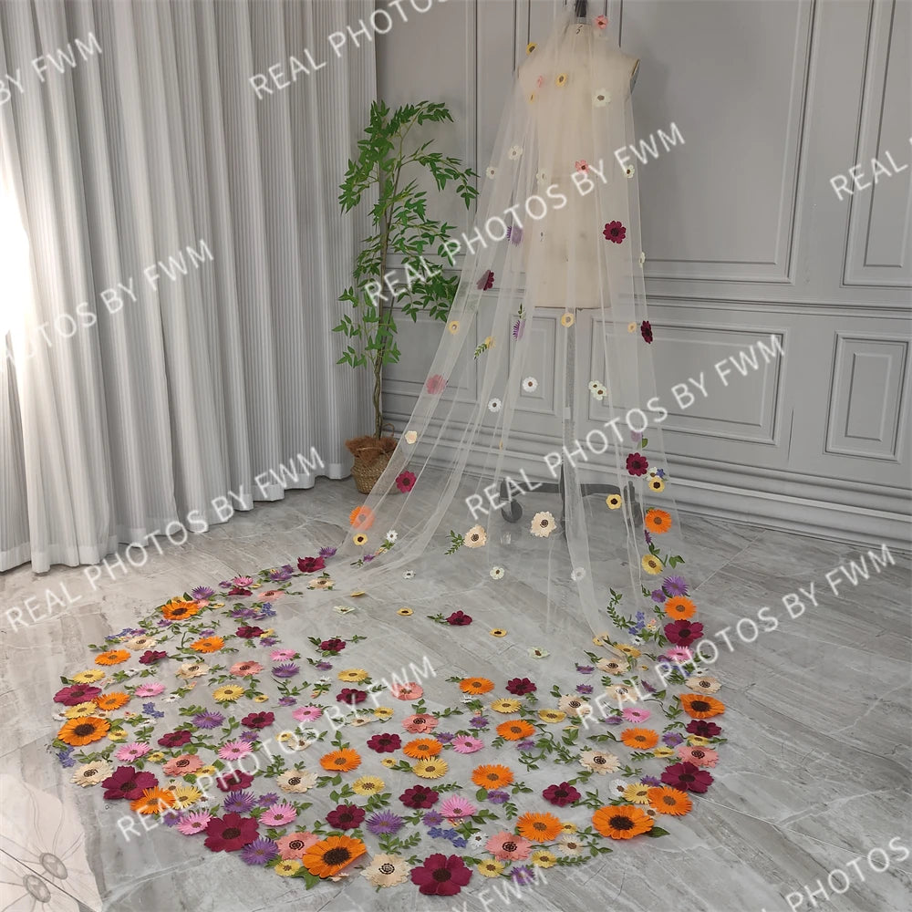 Real Photos High Quality One Layer Embroidered Flowers Lace Bridal Veil 200cm Wedding Veil Accessories for Wedding