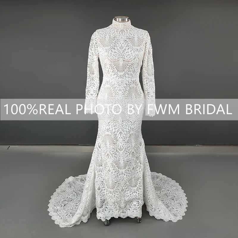 11797# Real Photos Exquisite High Neck Long Sleeves Mermaid Wedding Dress Bridal Gown for Women With Appliques Lace Bohemia