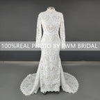 11797# Real Photos Exquisite High Neck Long Sleeves Mermaid Wedding Dress Bridal Gown for Women With Appliques Lace Bohemia