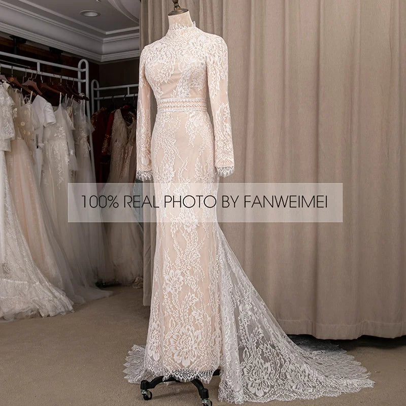 4198#  Real Photos Sweep Train  Arabic Spring Mermaid Online Long Sleeves Lace Champagne Wedding Gowns Bride Dresses