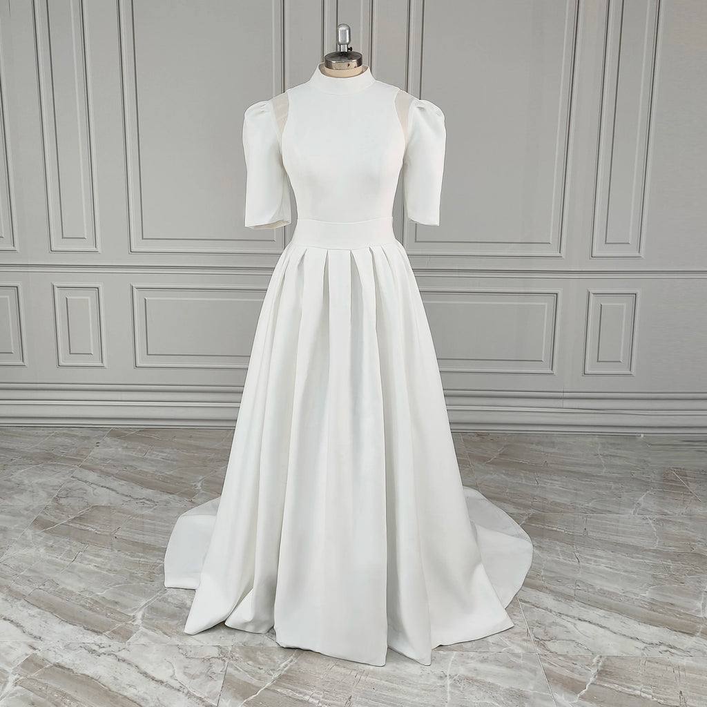 Real Photos Classic Short Sleeves High Neck Satin A-line Wedding Dress Sweep Train Bride Gown for Women Vestido De Novia