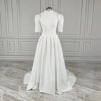Real Photos Classic Short Sleeves High Neck Satin A-line Wedding Dress Sweep Train Bride Gown for Women Vestido De Novia