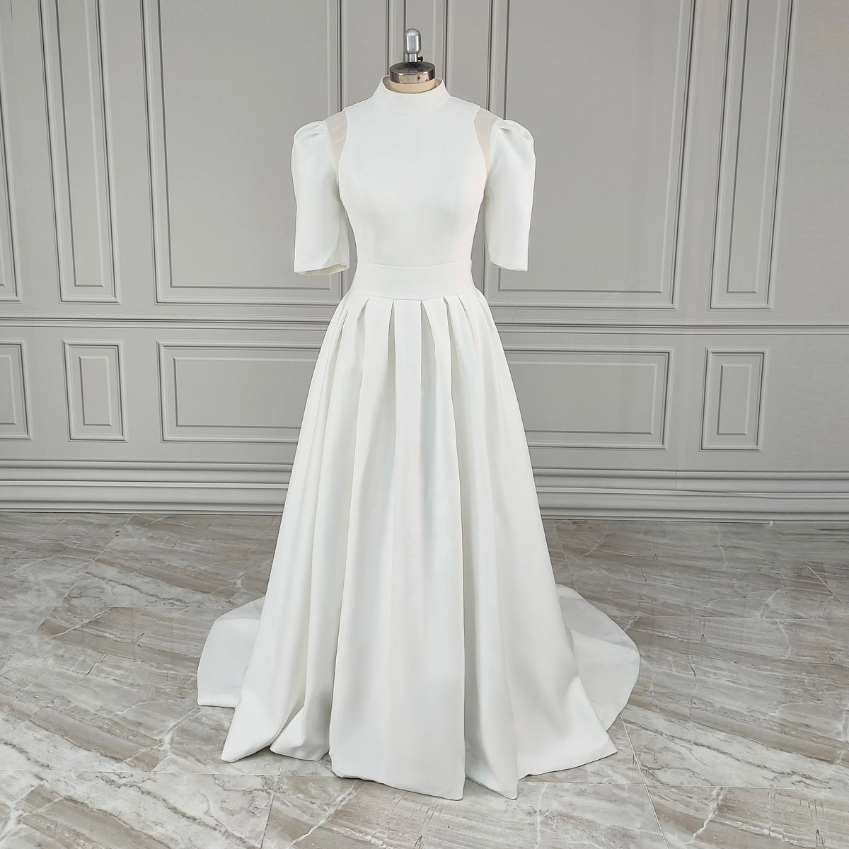 Real Photos Classic Short Sleeves High Neck Satin A-line Wedding Dress Sweep Train Bride Gown for Women Vestido De Novia