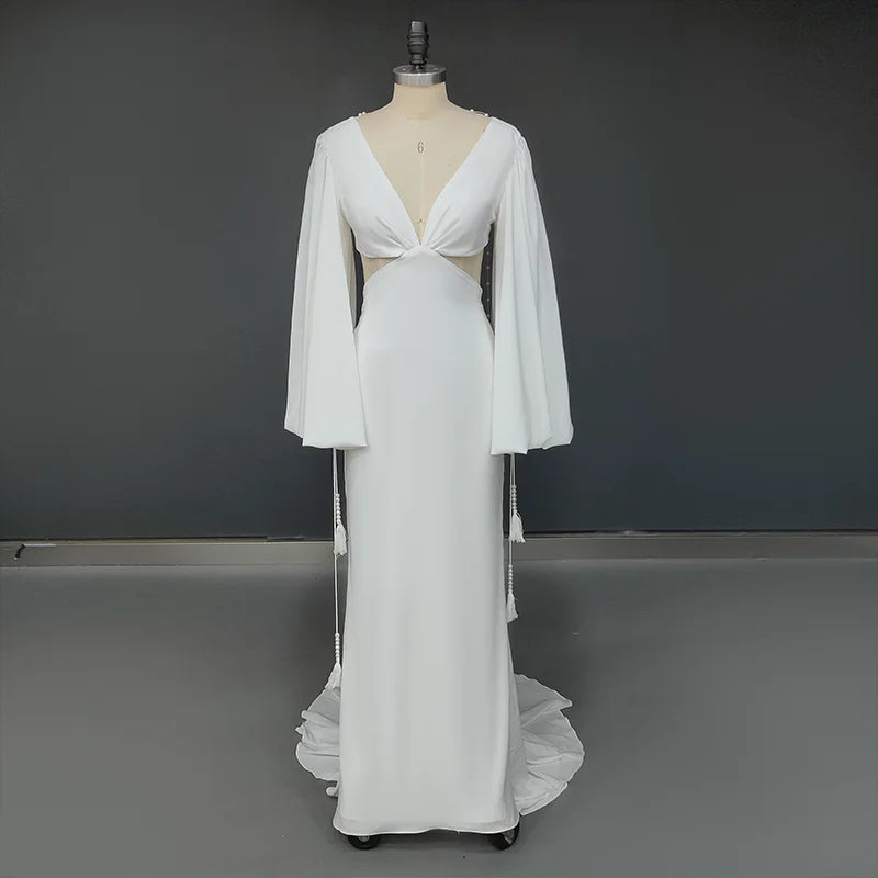 Real Photos Simple V-neck Backless Pearls Puffy Sleeves With Tassel Wedding Dress Sweep Train Mermaid Bridal Gown for Women
