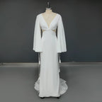 Real Photos Simple V-neck Backless Pearls Puffy Sleeves With Tassel Wedding Dress Sweep Train Mermaid Bridal Gown for Women