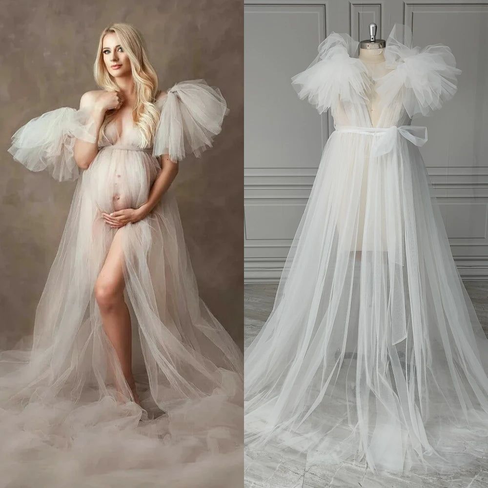 Real Photos Sexy Illusion Ruffles Tulle Split Front A-line Pregnant Dress Maternity Gown for Photography Maternity Dress