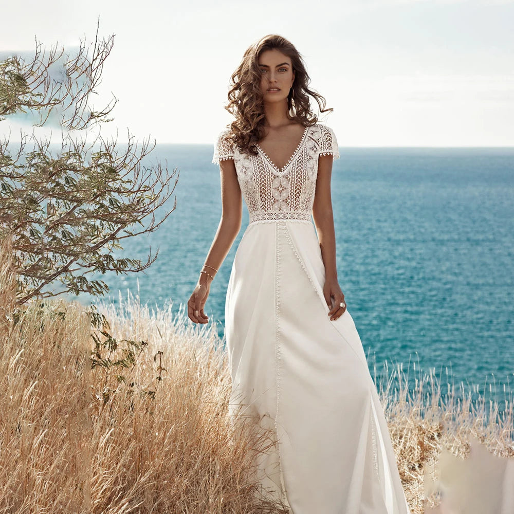 9699# Real Photos Boho Lace Chiffon Wedding Dresses V Neck Backless Beach Bride Gown for Women Cap Sleeve Sweep Train Bohemian