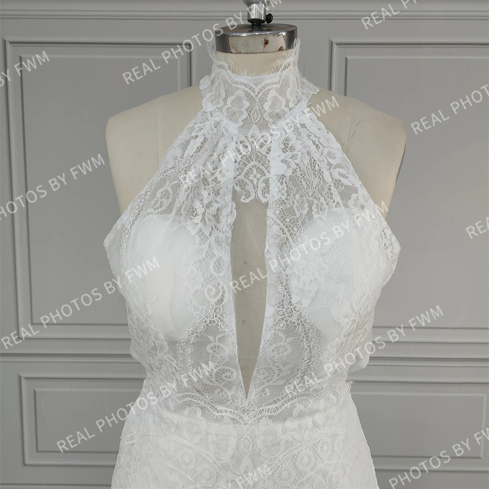 Real Phtos High Quality Beach Halter Backless Mermaid Lace Wedding Dress for Women Bridal Gown With Sweep Train  3279