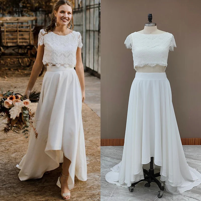 9399# Real Photos Two Pieces Wedding Dresses Lace Top Short Sleeve Bridal Gown Jewel Neck Beach Wedding Gown Vestidos De Novia