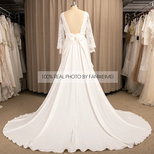 #4221 Real Photos Gorgeous V-Neck Long Sleeve Backless Chiffon Lace Wedding Dress Sweep Train Bridal Gown Vestido De Noiva
