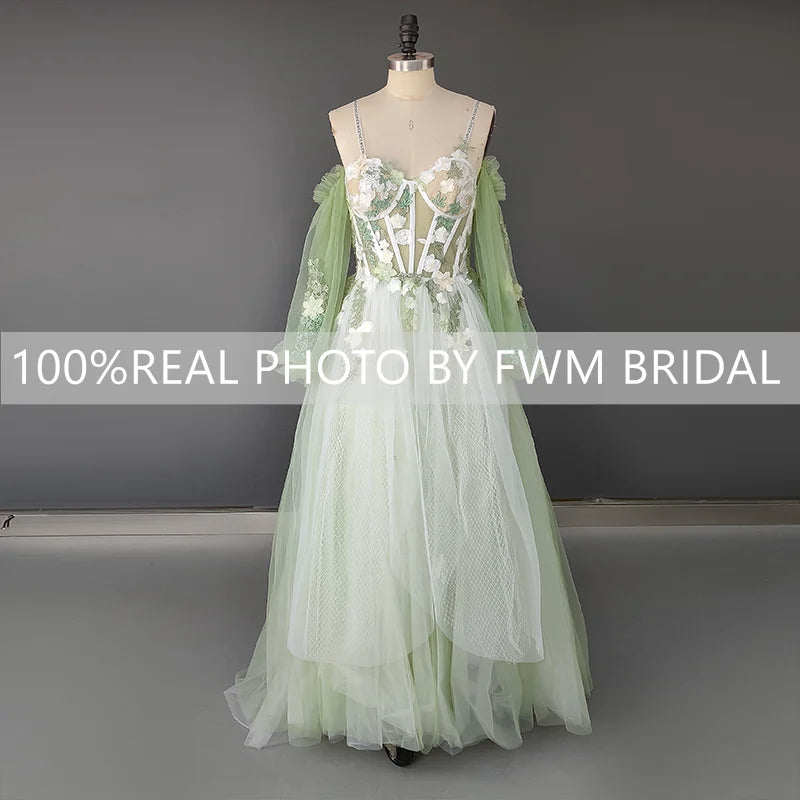 14257# Real Photos Custom Spaghetti Straps Flowers Lace A-line Prom Dress Formal Evening Dress Wedding Gown Bridal Dress