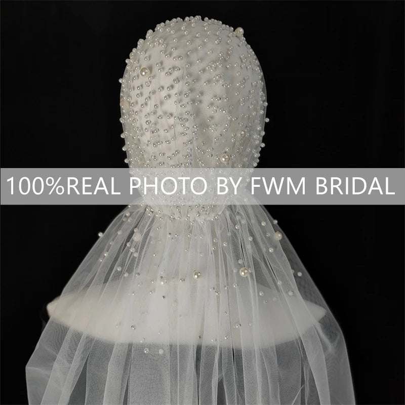 V119 Real Photos Vintage Two Layer Lace Tulle With Pearls Bridal Veil Wedding Accessories for Wedding