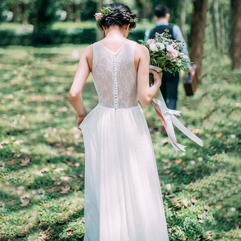 735# Real Photos Wedding Dress Sleeveless Round Neck Sheer Back Bohemian A-Line Beach Sweep Train Chiffon Lace Bride Gown