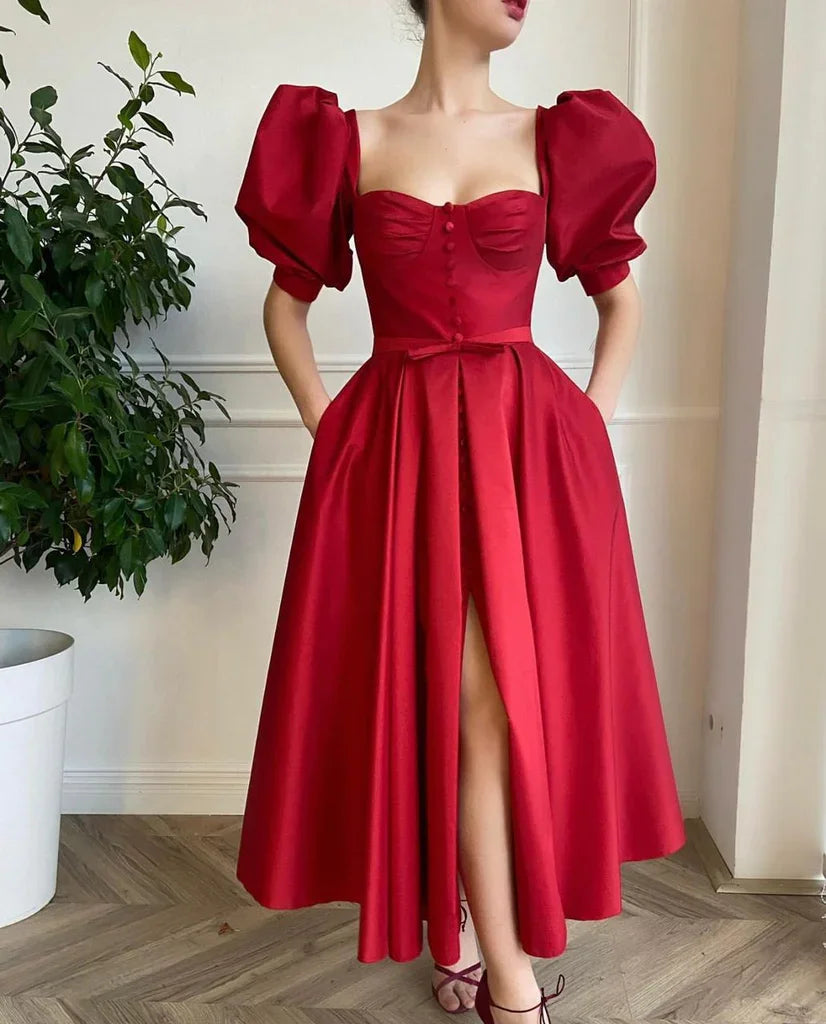 15178# Real Photos Puffy Sleeves Slit A-line Satin Wedding Party Dress Evening Prom Gown for Women  Evening Dress Formal Dress