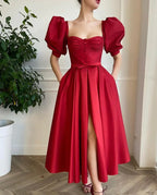15178# Real Photos Puffy Sleeves Slit A-line Satin Wedding Party Dress Evening Prom Gown for Women  Evening Dress Formal Dress
