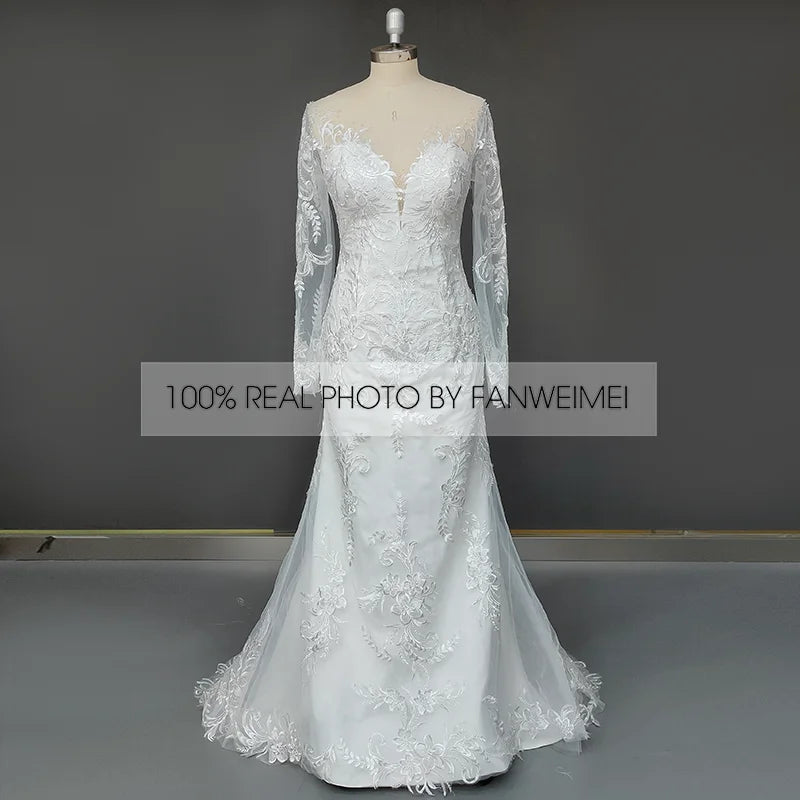 11527#100% Real Photos Mermaid Illusion V-Neck Lace Applique Long Sleeve Sweep Train Wedding Dress Wedding Gown Bridal Gown