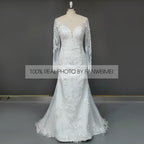 11527#100% Real Photos Mermaid Illusion V-Neck Lace Applique Long Sleeve Sweep Train Wedding Dress Wedding Gown Bridal Gown