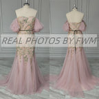 15205# Real Photos Off Shoulder Flowers Sweep Train Tulle Mermaid Wedding Gown Birthday Party Dress for Women Prom Evening Dress