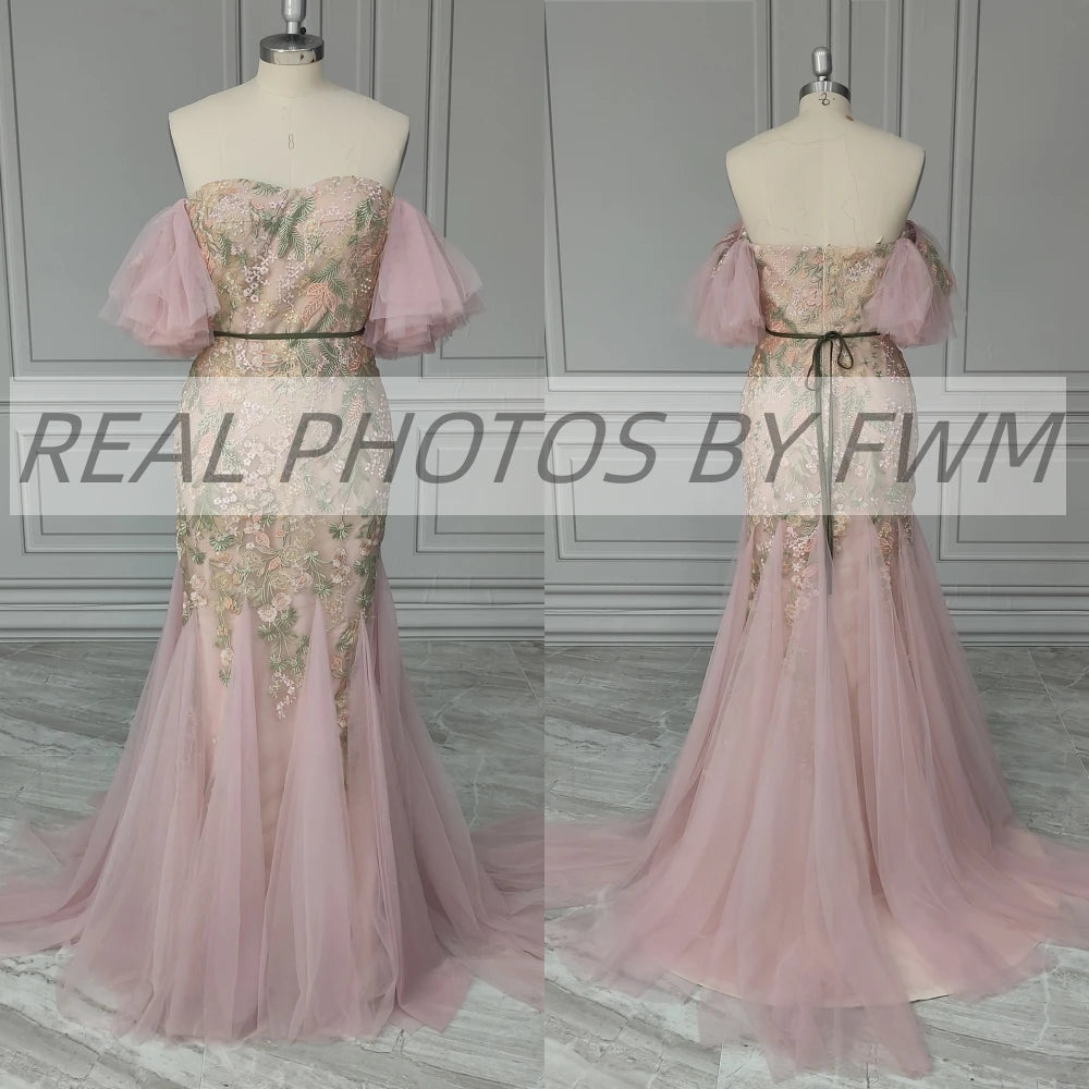 15205# Real Photos Off Shoulder Flowers Sweep Train Tulle Mermaid Wedding Gown Birthday Party Dress for Women Prom Evening Dress
