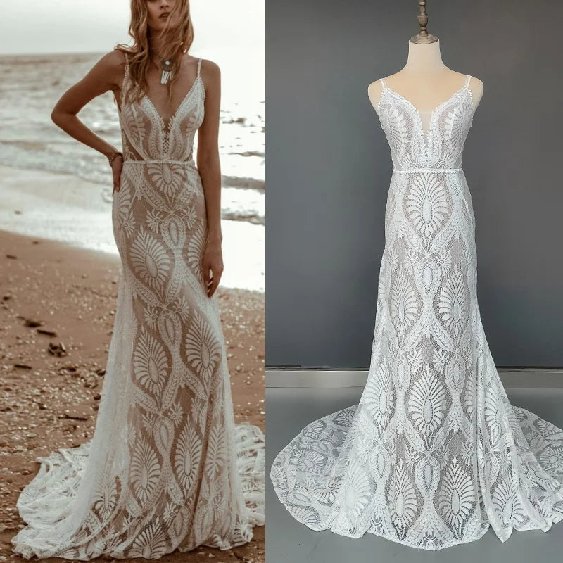 10864#Real Photos Spaghetti Straps Sleeveless V-Neck Open Back Sweep Train Lace Bohemian Boho Wedding Dress Wedding Bridal Gown