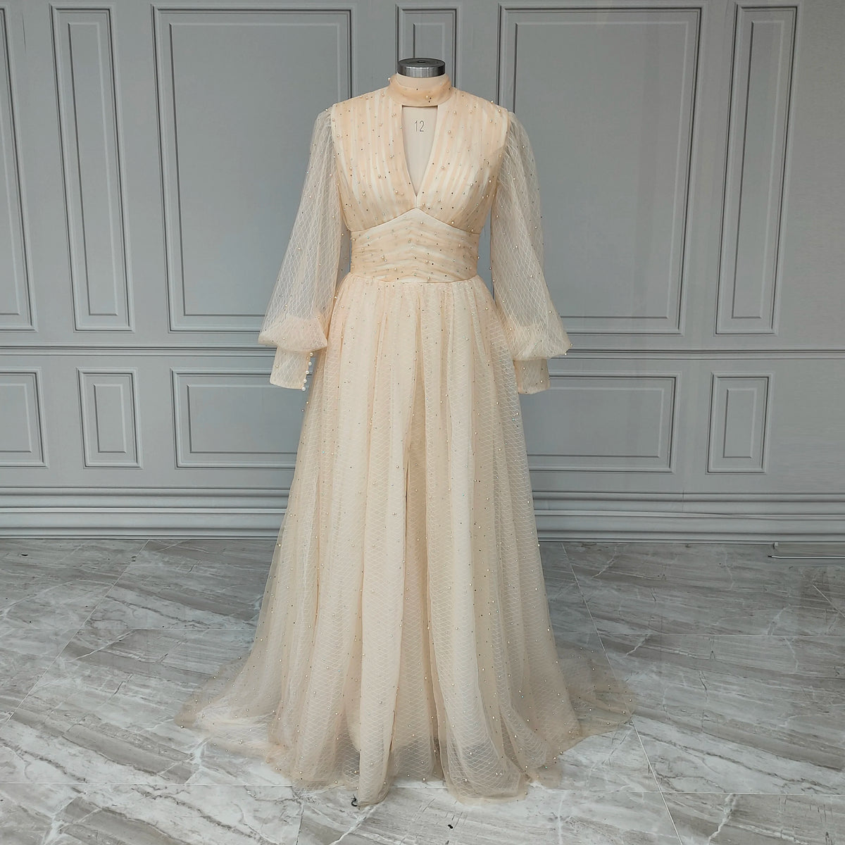 Real Photos Long Puffy Sleeves Side Slit A-line Beaded Pearls Tulle Evening Dress Women Prom Gown for Wedding Party