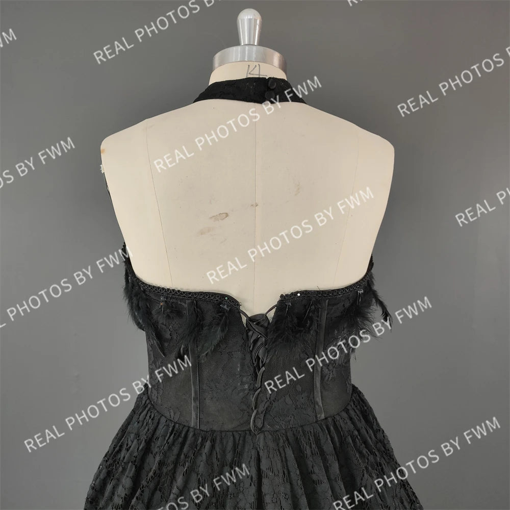#15358 Real Photos High Quality Black Gothic A-line Feathers Lace Wedding Dress for Women Halter Neck Appliques Bridal Gowns