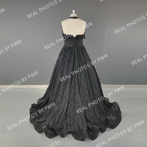 #15358 Real Photos High Quality Black Gothic A-line Feathers Lace Wedding Dress for Women Halter Neck Appliques Bridal Gowns