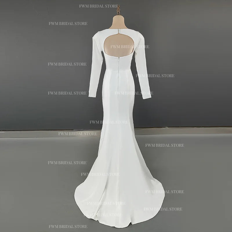 Real Photos Elegant Long Sleeves Square Collar Soft Satin Wedding Gown Engagement Dress for Plus Size Women Prom Evening Dresses