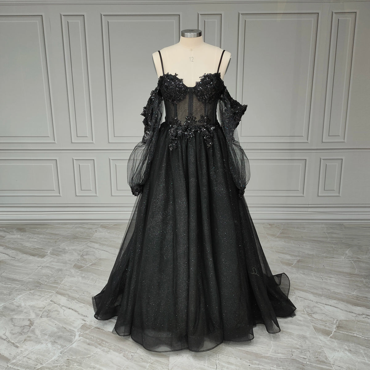 Real Photos Gothic Black Tulle A-line Spaghetti Straps Wedding Dress 3D Flower Sequined Bridal Gown Evening Dress for Women15403