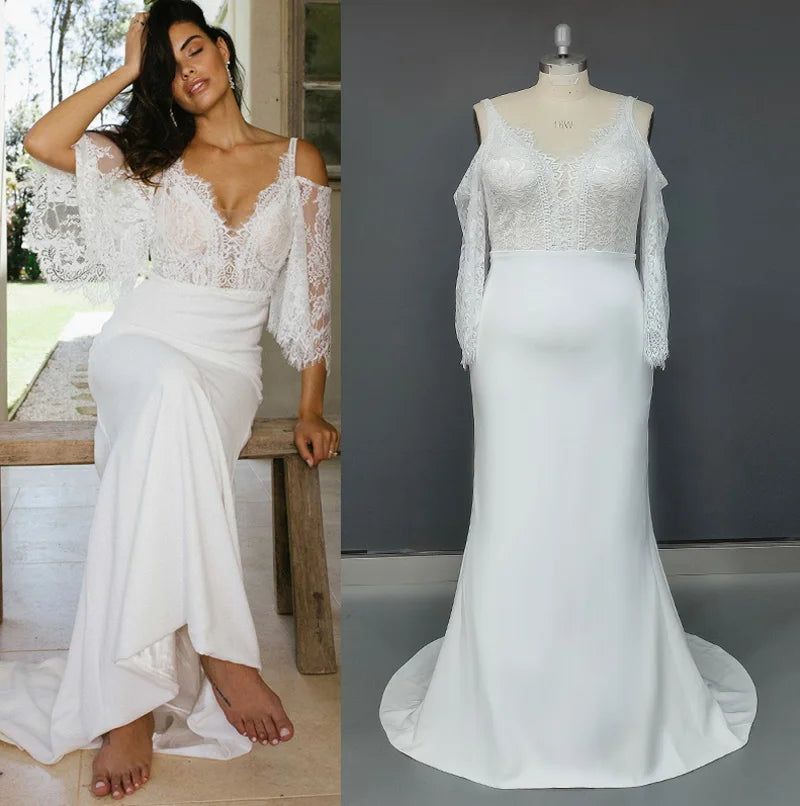 10586#Real Photos Spaghetti Strap Lace Bohemian Deep V-Neck Open Back Sheath Wedding Dress Wedding Bridal Gown