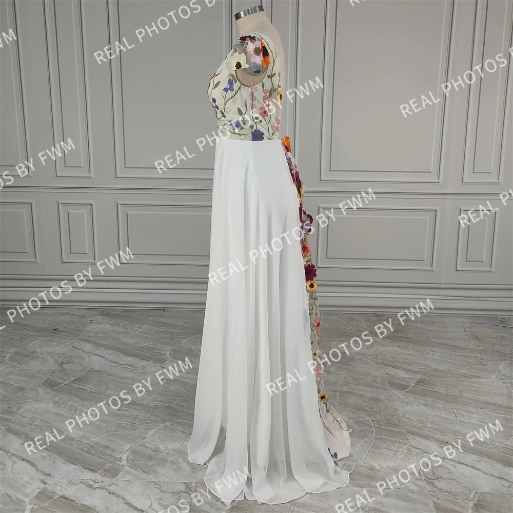 10808# Real Photos Pastrol Cap Sleeves V-Neck Floral Appliques A-line Chiffon Wedding Dress for Women Backless Bridal Gown
