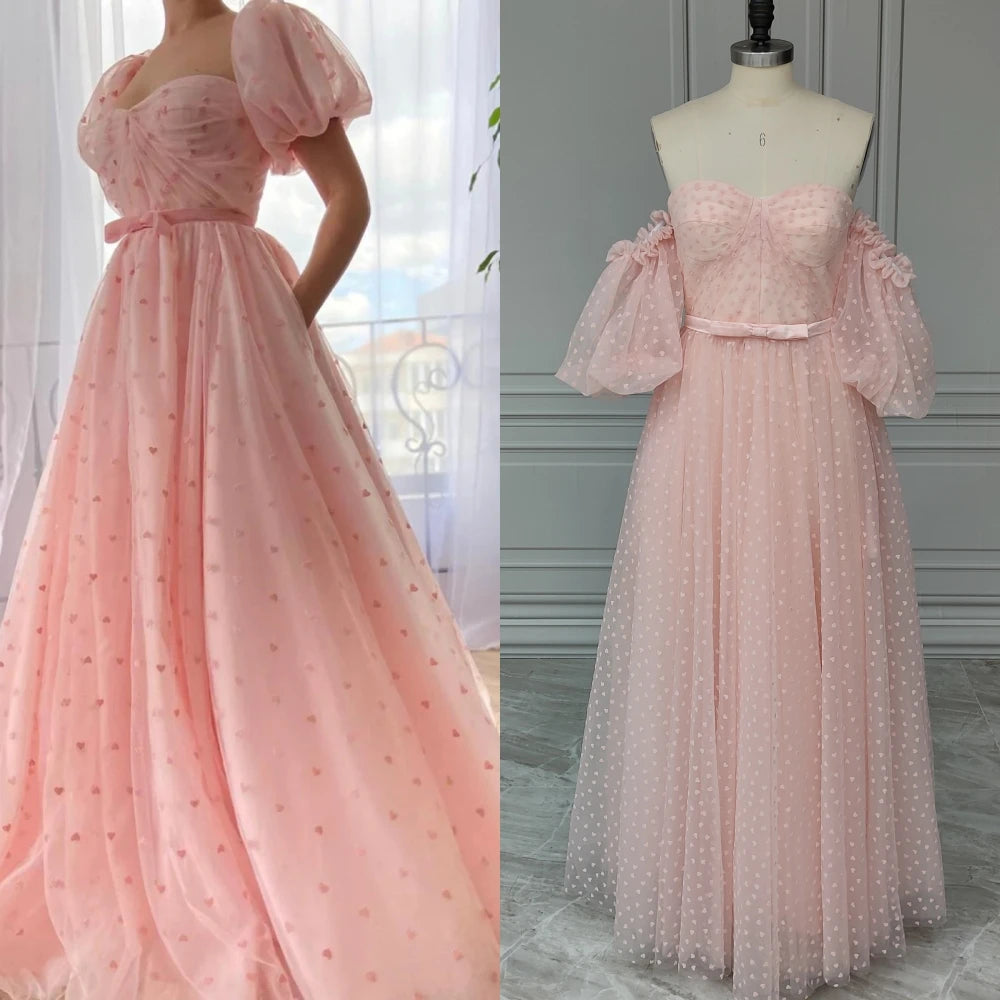 15210# Real Photos Puffy Short Sleeves Pink Hearts Pattern Tulle A-line Evening Dress Party Prom Gown With Belt for Women