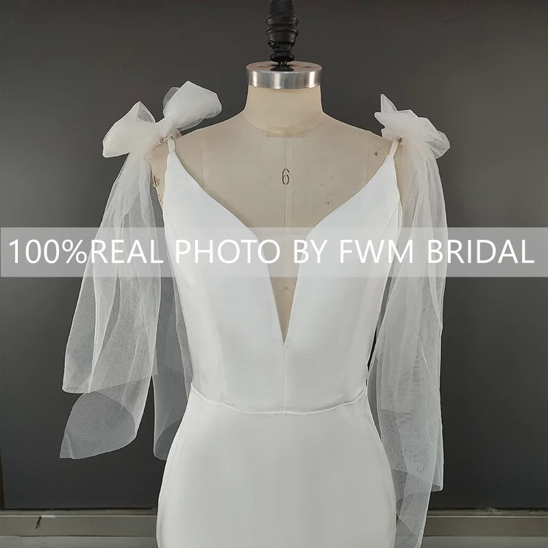 8726#  Real Photos Simple Bow Spaghetti Straps Slit Mermaid V-neck Sweep Train Wedding Dress Wedding Gown Bridal Gown